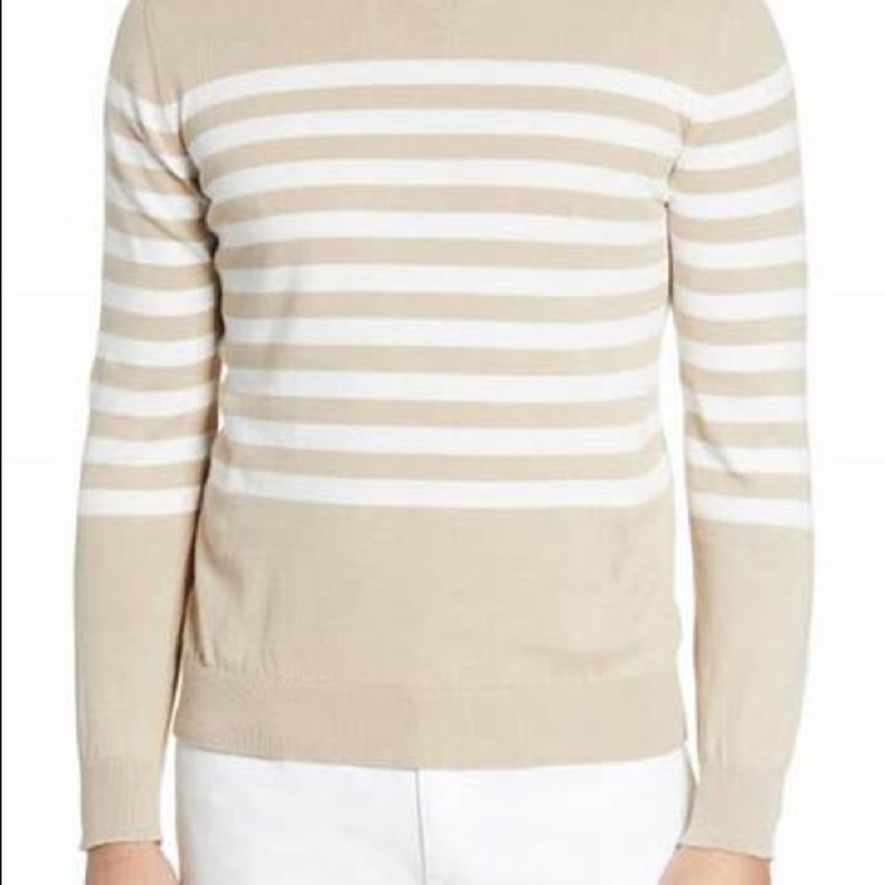 Bugatchi‎ Mens XXL Striped Crewneck Sweater Tan Long Sleeve Made in Italy NEW